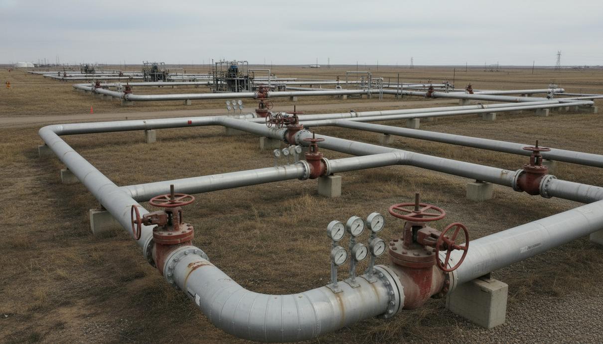 Участок магистрального нефтепровода с промышленными задвижками и оборудованием в Северной Дакоте