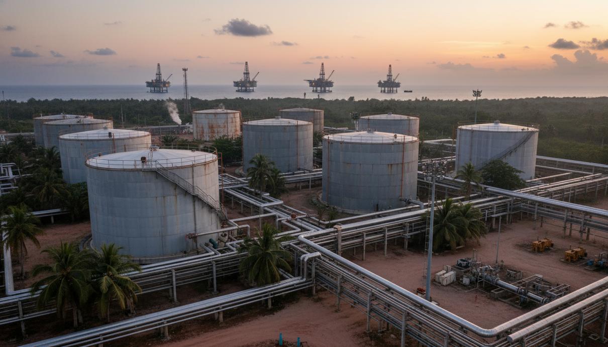 Промышленные нефтяные резервуары и трубопроводы на фоне побережья и морских платформ в Венесуэле.