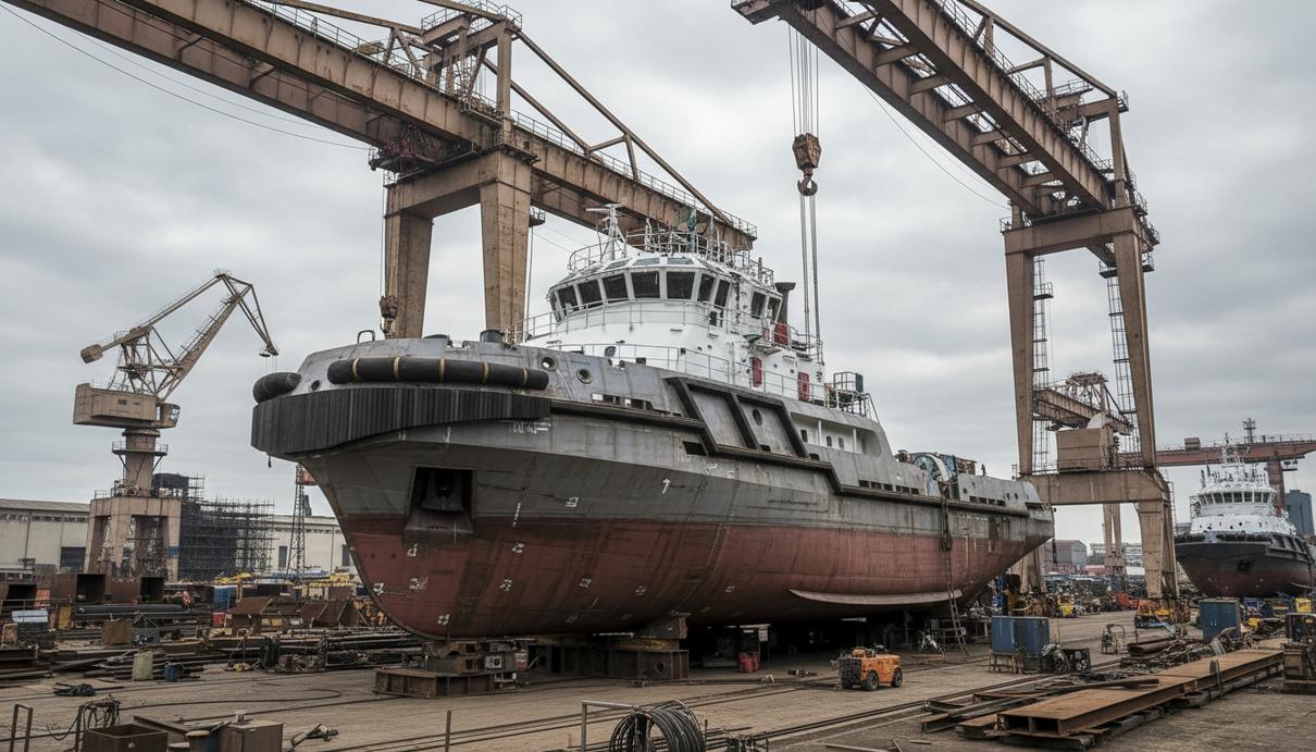 Процесс строительства современного морского буксира на территории промышленной верфи в штате Луизиана
