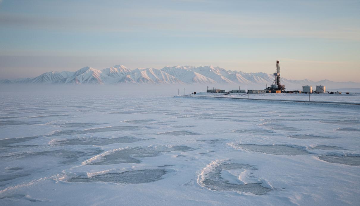 Арктическая тундра на Аляске с нефтяной вышкой и заснеженными горами на горизонте