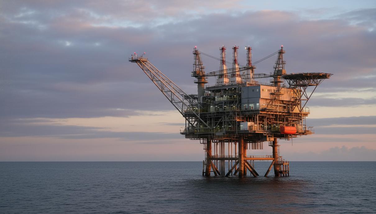 Газовая платформа в Норвежском море на фоне спокойной воды в предрассветные часы