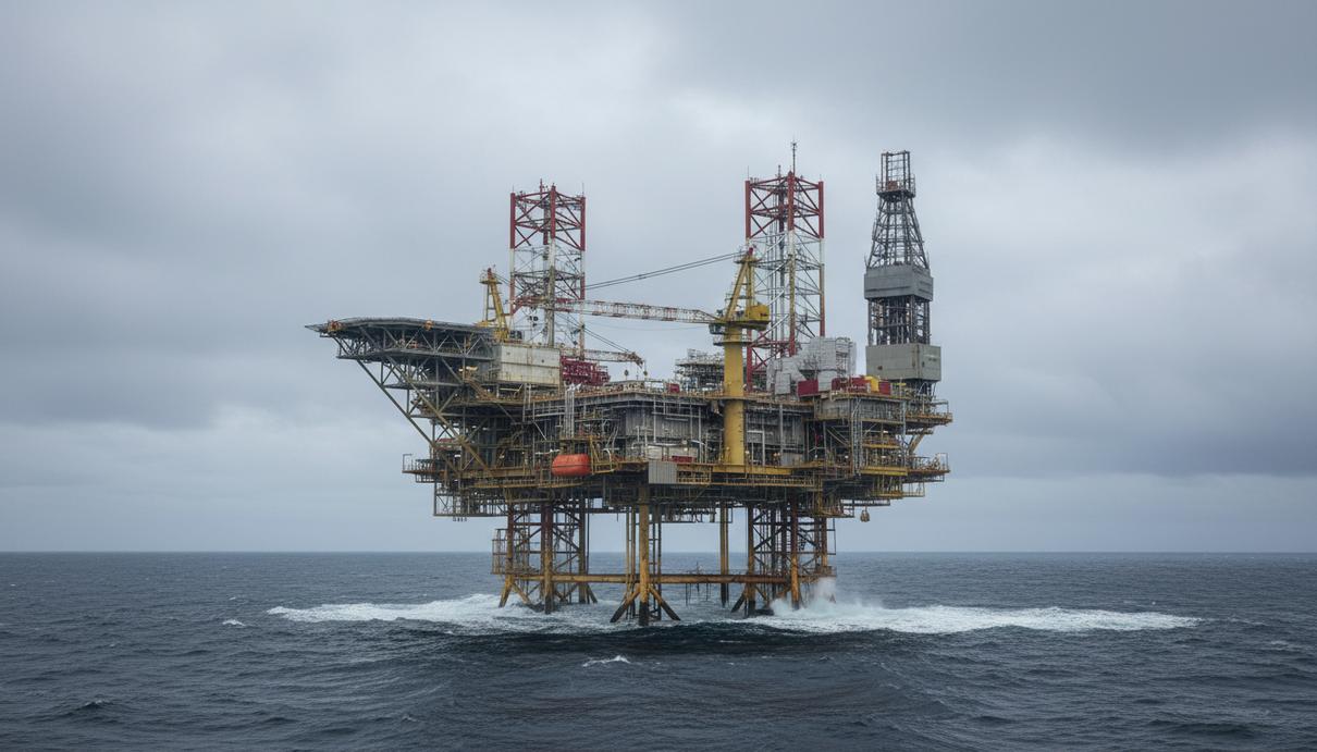 Морская добывающая платформа среди серых волн Северного моря под пасмурным небом