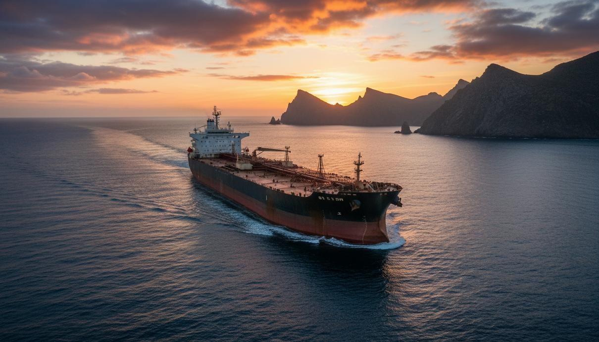 Крупный нефтяной танкер в морском проливе на фоне скалистого побережья в лучах заката
