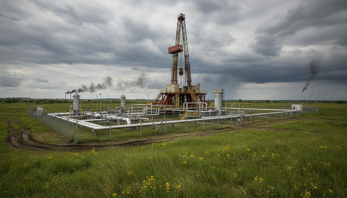 Буровая установка и газовое оборудование на фоне поля в Предкарпатском регионе Польши