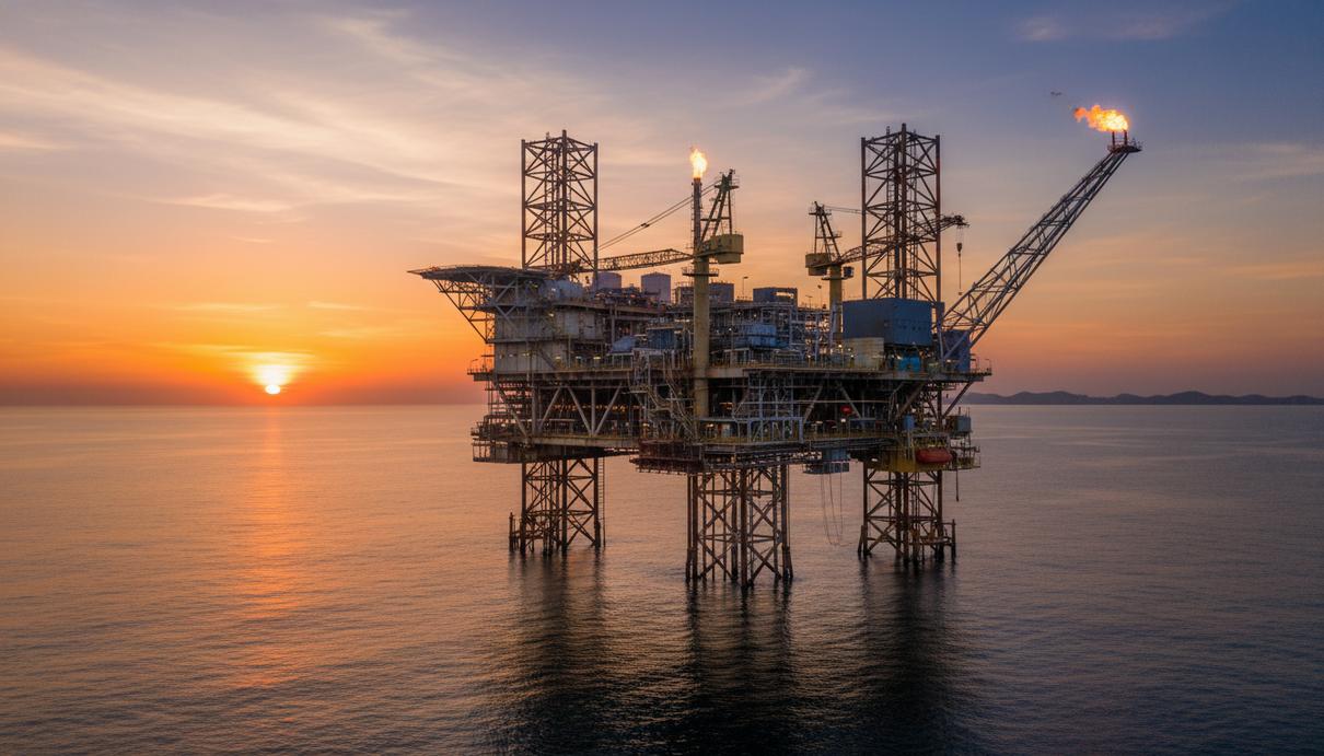 Морская нефтедобывающая платформа в Атлантическом океане у берегов Бразилии на закате