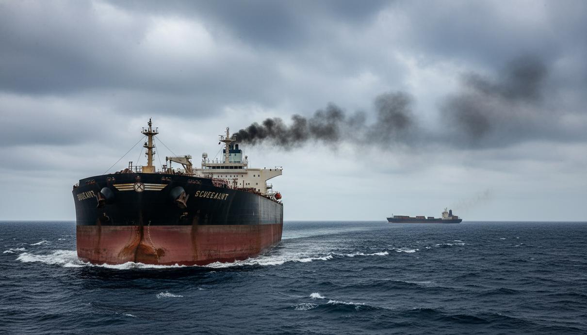 Крупный нефтяной танкер и грузовое судно в Ормузском проливе на фоне пасмурного неба и синих волн