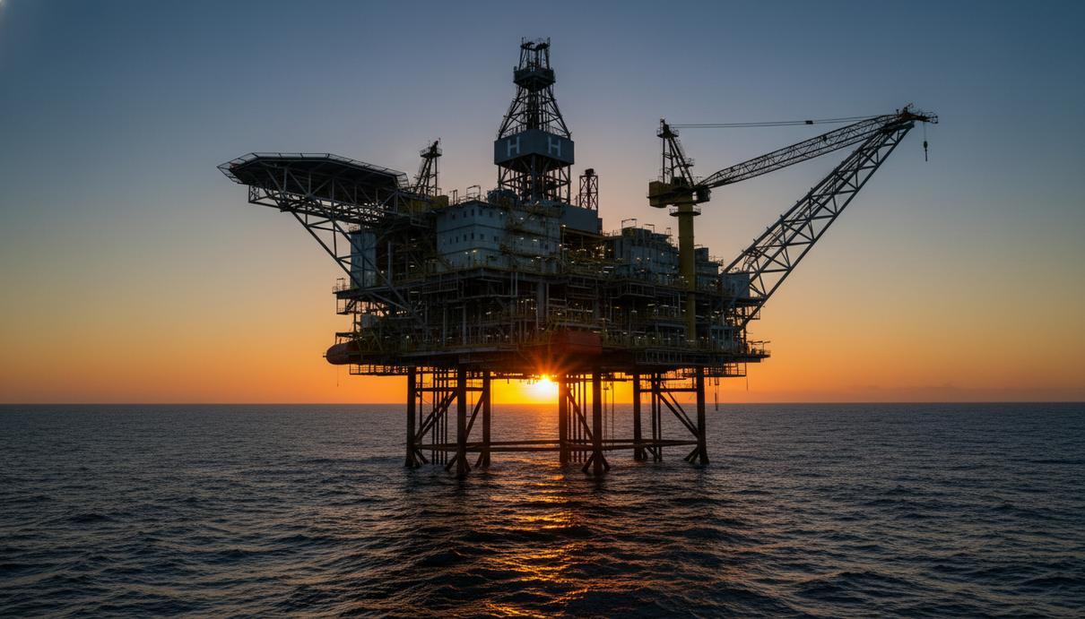 Нефтяная платформа с вертолетной площадкой в открытом море на фоне заката