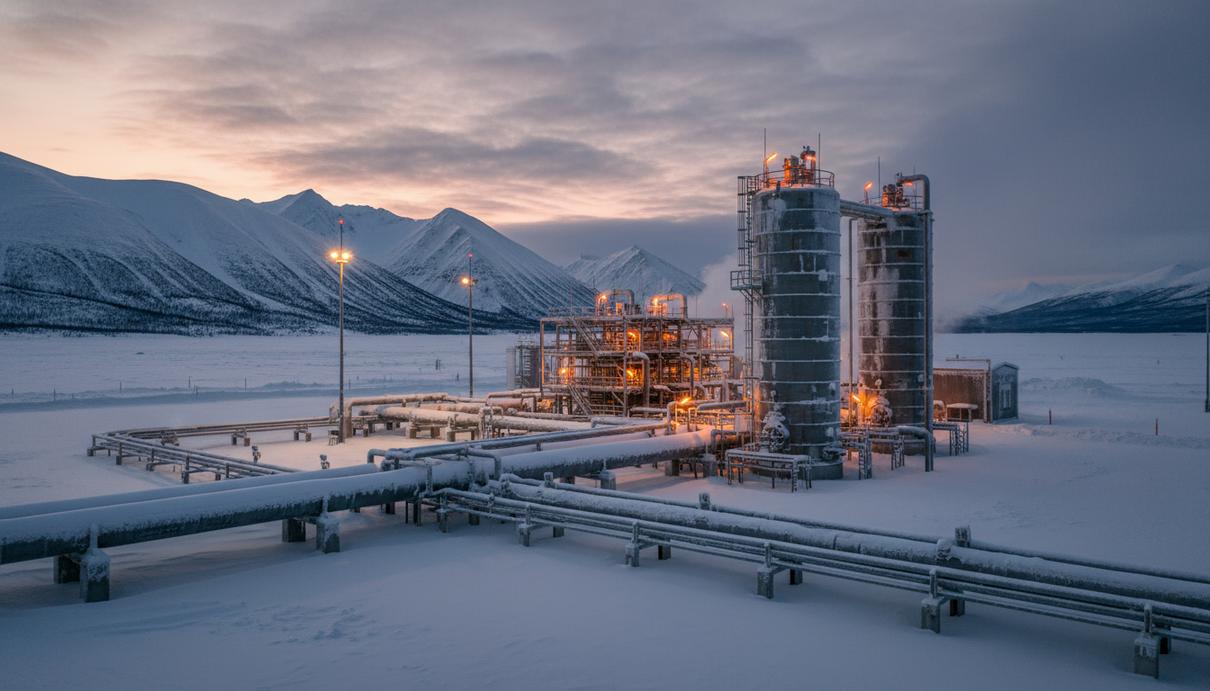 Промышленная площадка и сеть трубопроводов на газовом месторождении в провинции Альберта