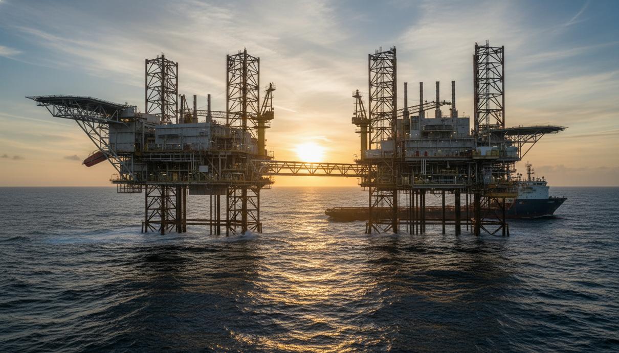 Современная морская нефтедобывающая платформа в открытом море на фоне рассветного неба.