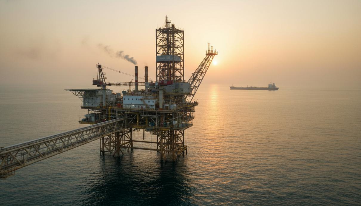 Промышленная нефтяная платформа и крупнотоннажный танкер в открытом море на рассвете