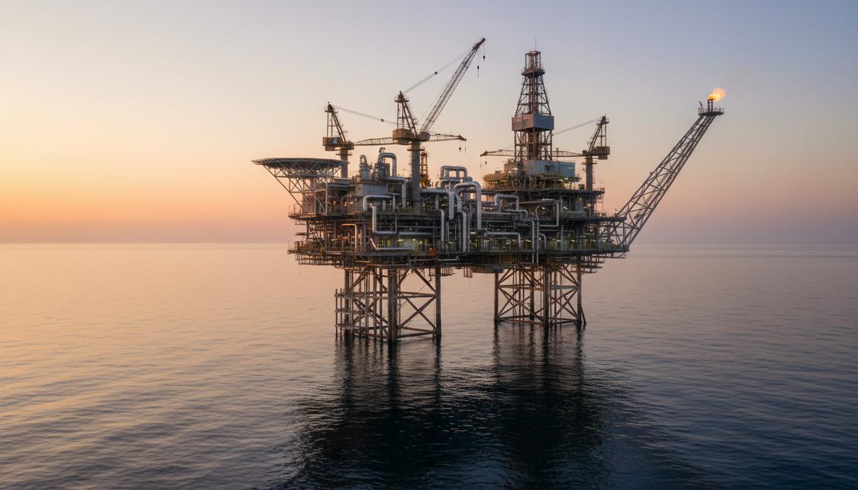Буровая платформа для добычи природного газа в открытом море на фоне заката