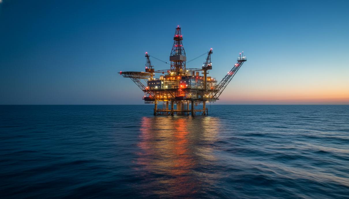 Морская нефтегазовая добывающая платформа в открытом море в предрассветный час