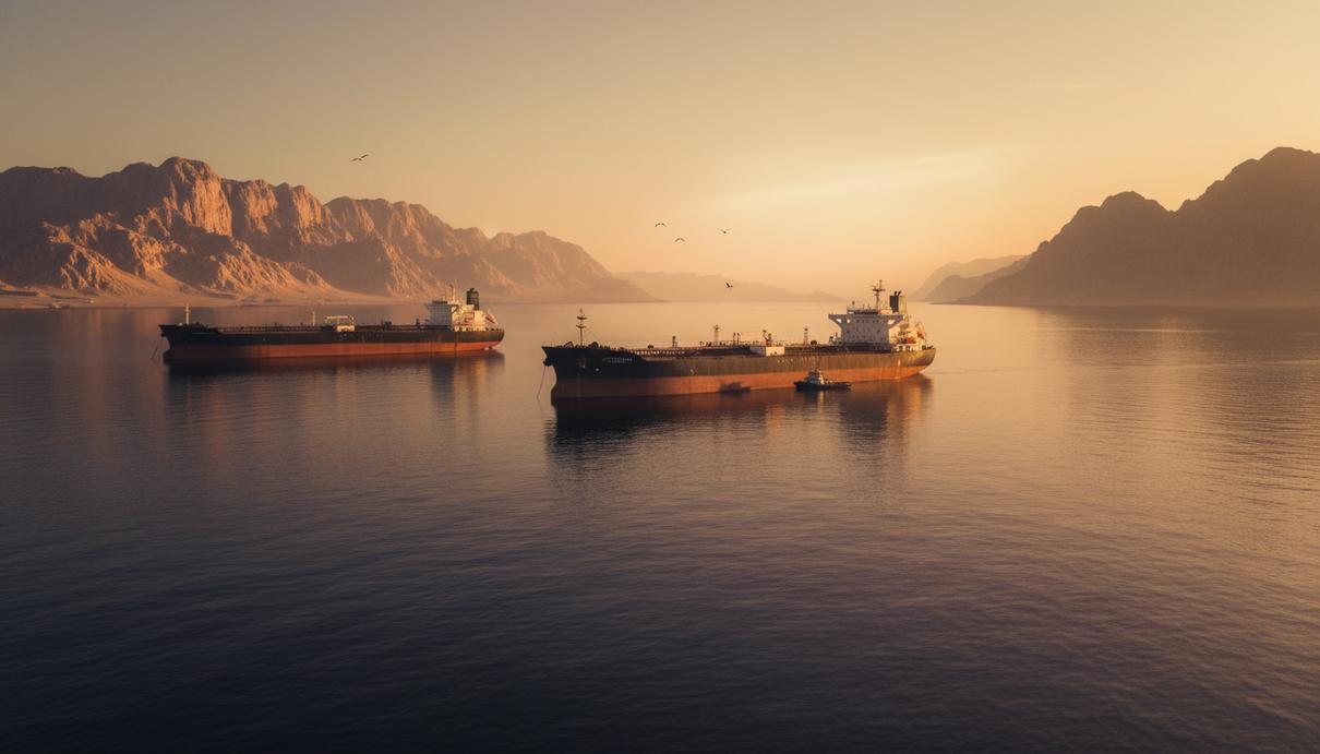 Нефтяные танкеры в море на фоне скалистого побережья и туманного горизонта