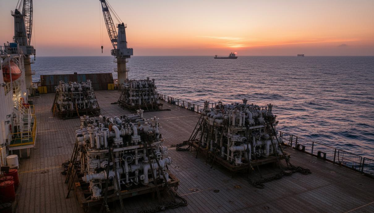 Глубоководное нефтедобывающее оборудование на палубе специализированного судна в Атлантическом океане.