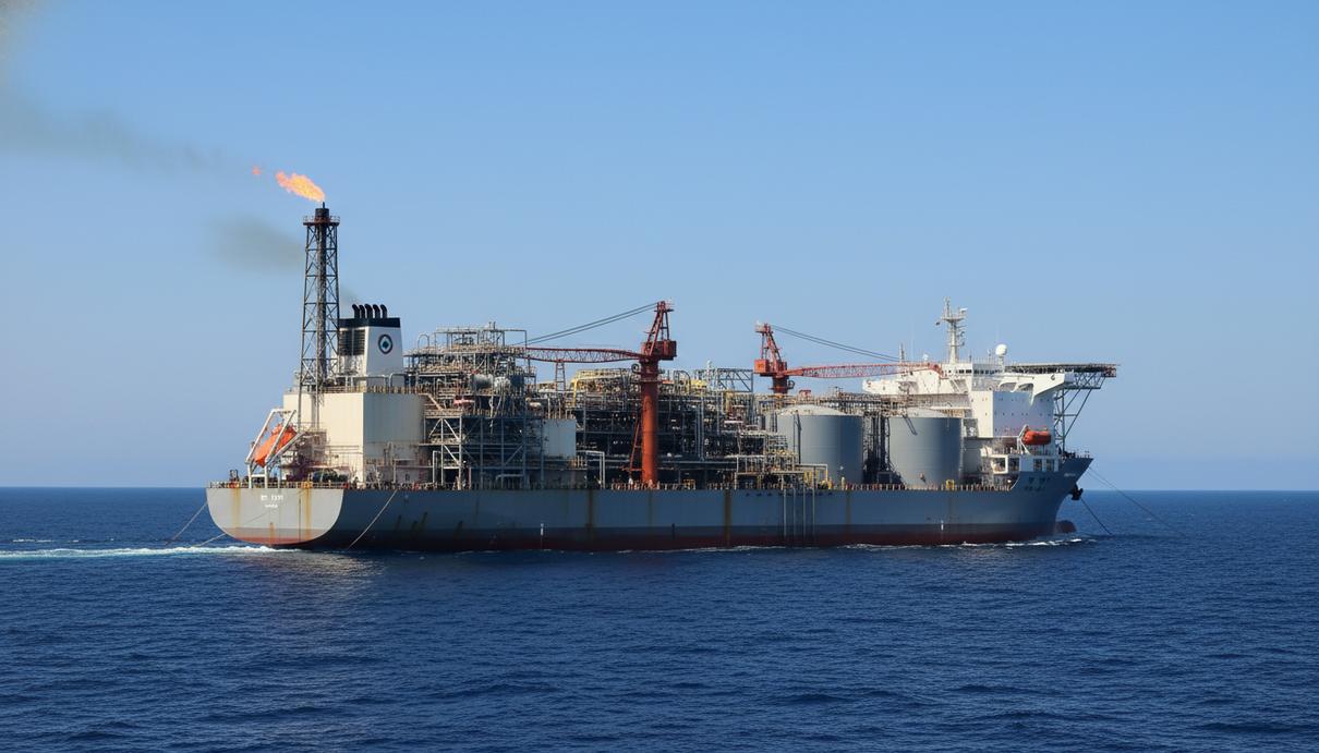 Плавучая нефтедобывающая установка P-79 в открытом море у побережья Бразилии.