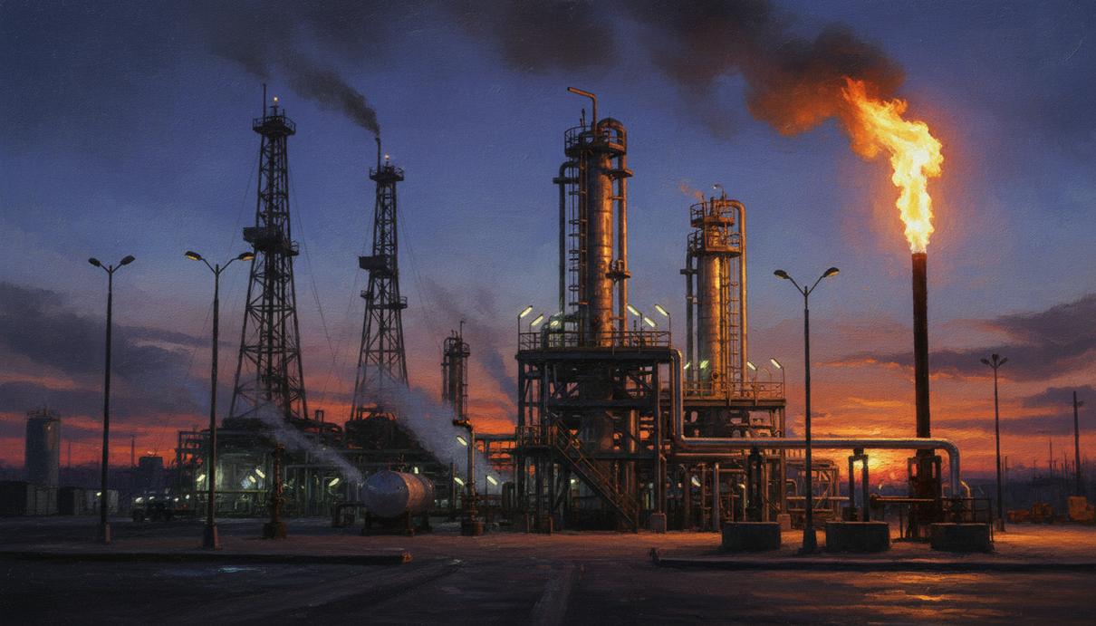 Промышленная нефтегазовая установка с горящим факелом попутного газа на фоне вечернего неба
