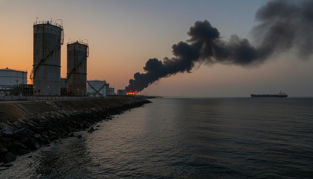 Иран нанес удары по нефтяному терминалу и танкерам в районе Ормузского пролива Нефтяные резервуары и промышленная зона порта Фуджейра на фоне моря и танкера в вечернее время