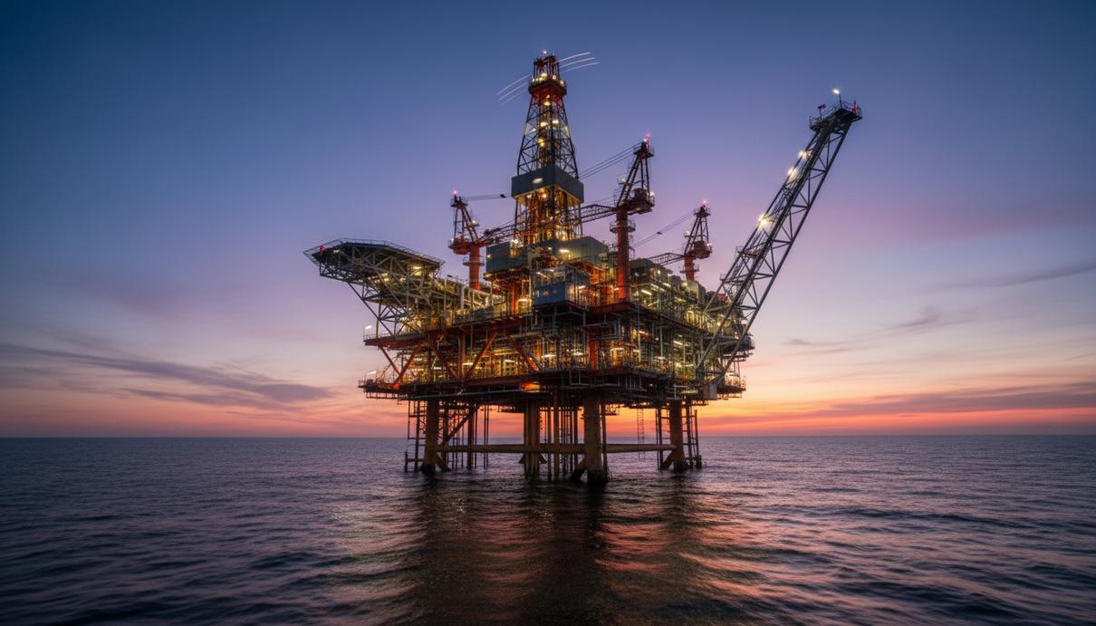 Морская нефтедобывающая платформа с буровой вышкой и сложной системой труб в вечернее время