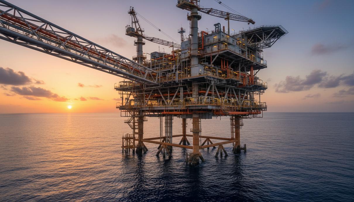 Нефтедобывающая платформа в открытом море в лучах заходящего солнца