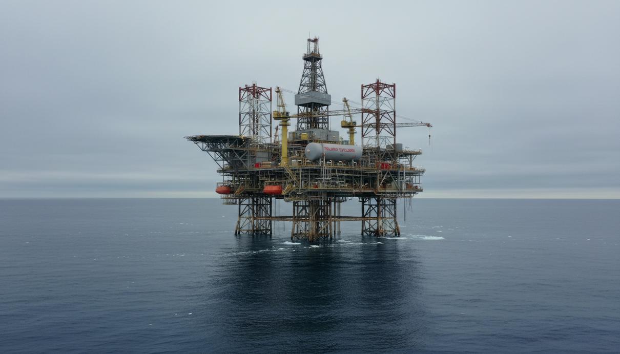 Нефтяная платформа в открытом море на фоне пасмурного неба и спокойной воды