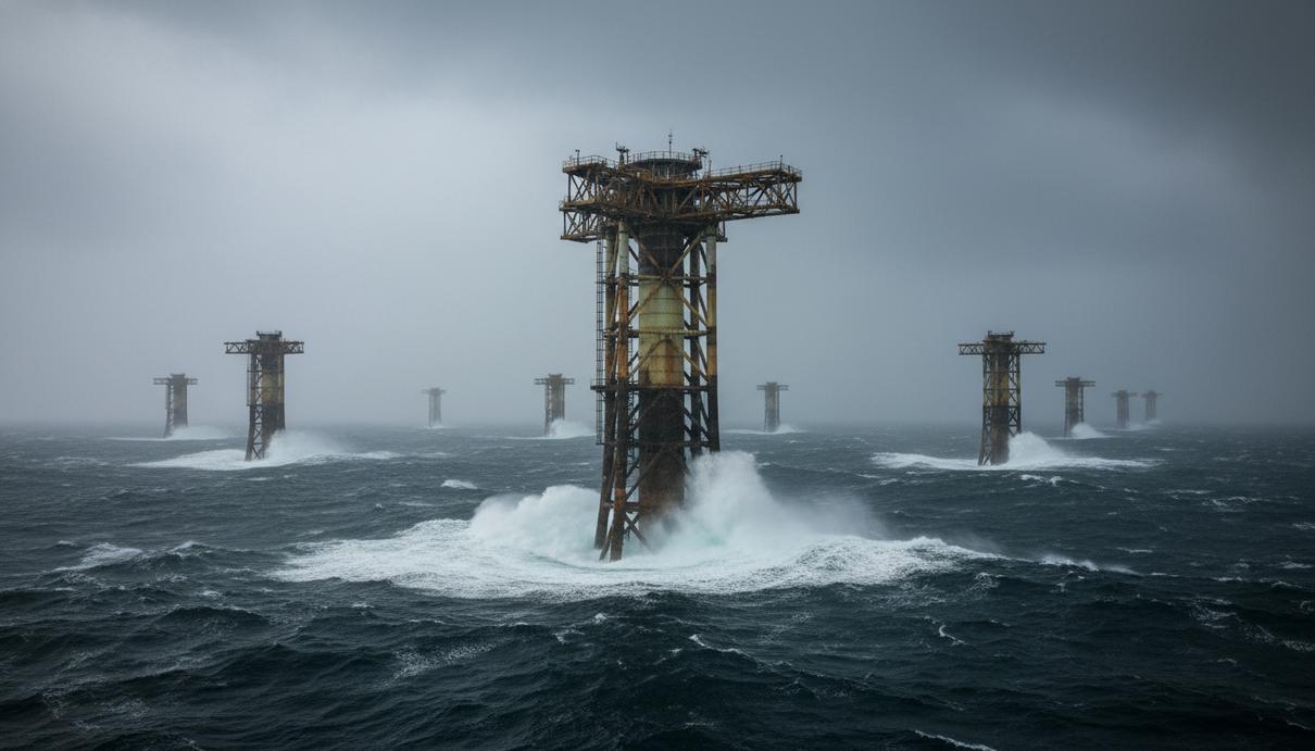 Офшорные ветряные турбины в открытом море на фоне пасмурного неба и волн
