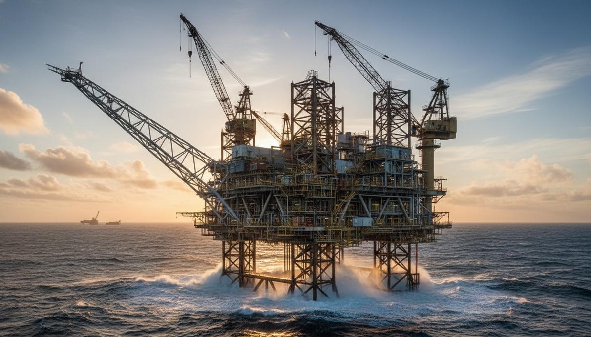 Морская нефтедобывающая платформа в открытом море на фоне рассвета