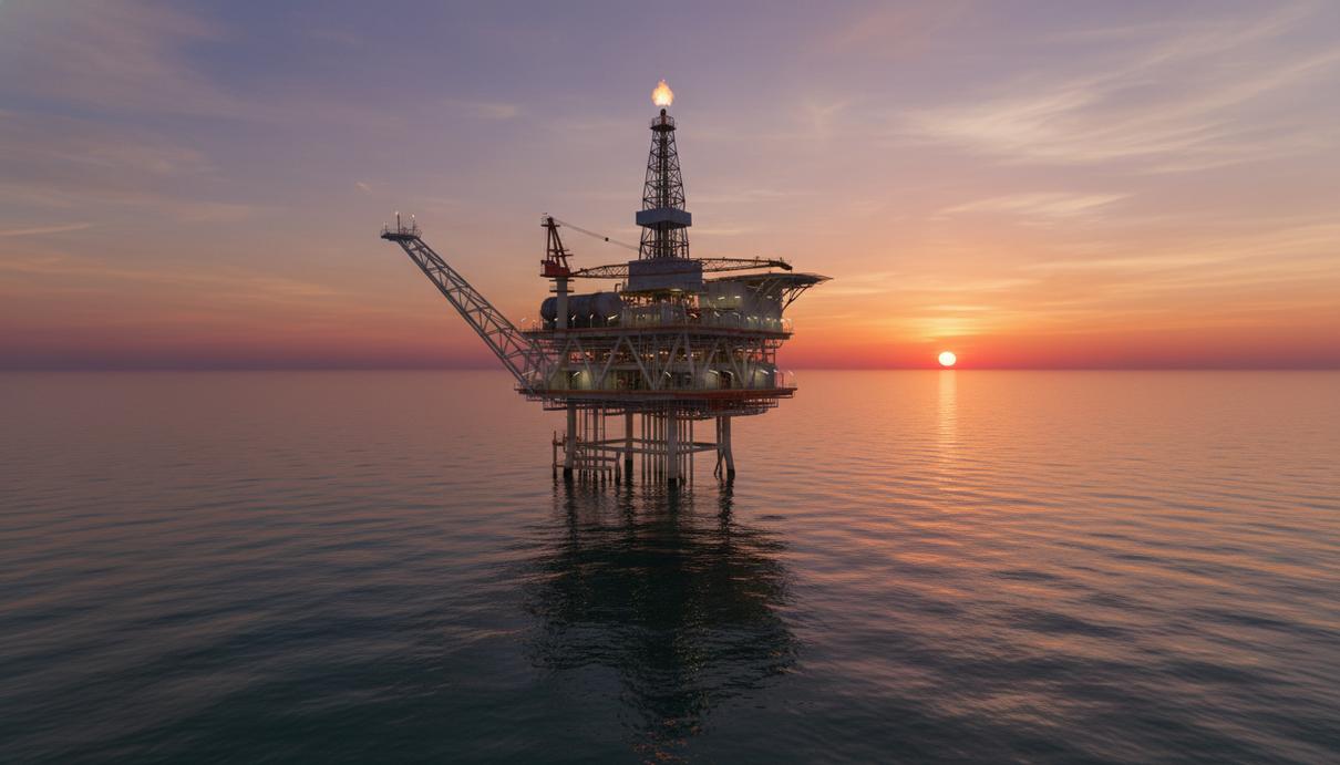 Морская нефтедобывающая платформа и промышленные конструкции терминала в открытом море на закате.