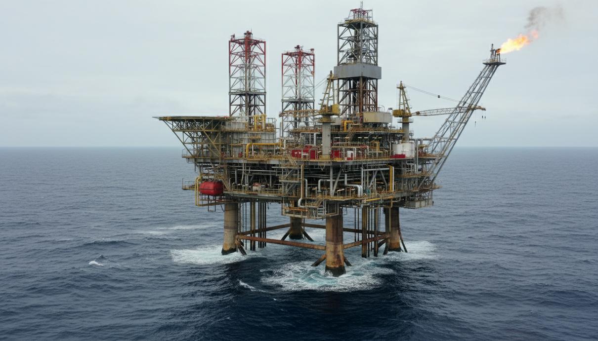 Массивная морская платформа для добычи нефти и газа с системой трубопроводов в открытом море.