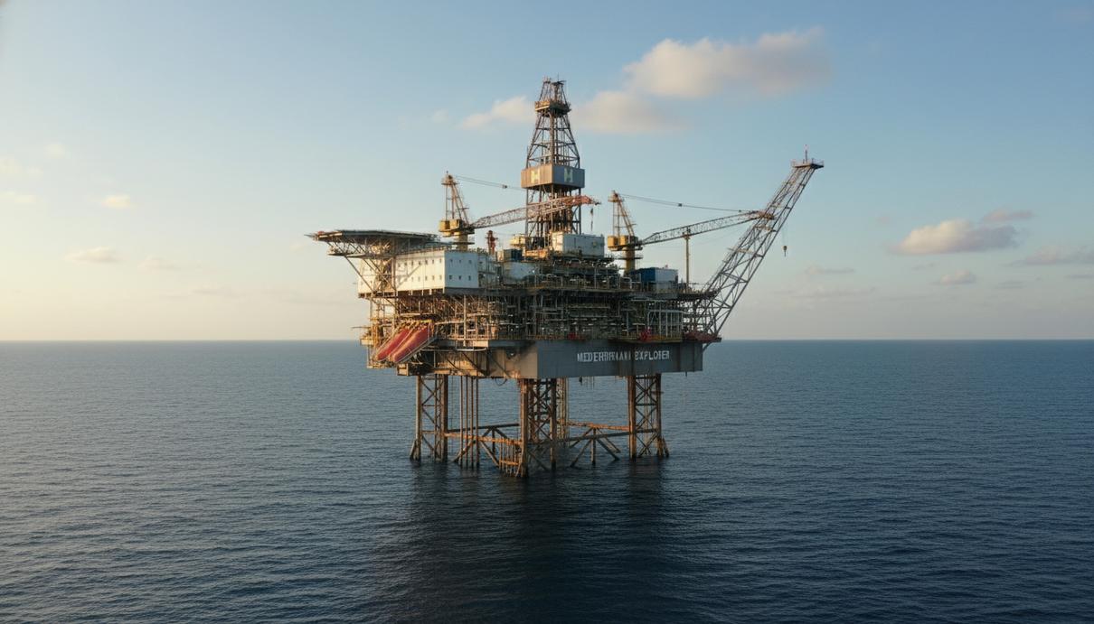 Морская нефтедобывающая платформа в Средиземном море недалеко от береговой линии.
