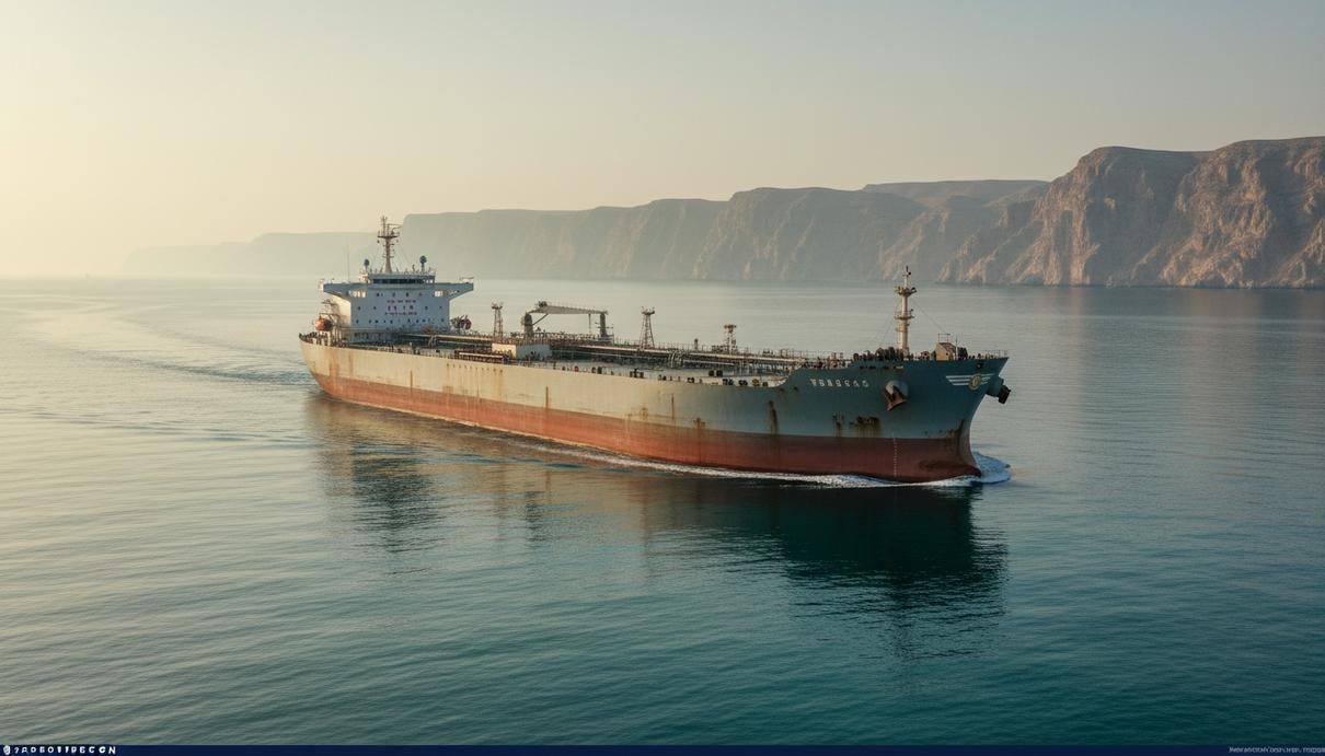 Нефтяной танкер проходит по морскому проливу на фоне скалистого побережья в утреннем свете