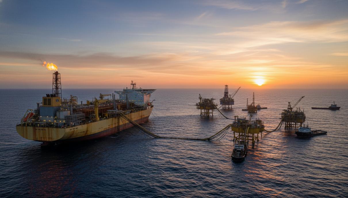 Плавучая установка для добычи и хранения газа на фоне морского горизонта