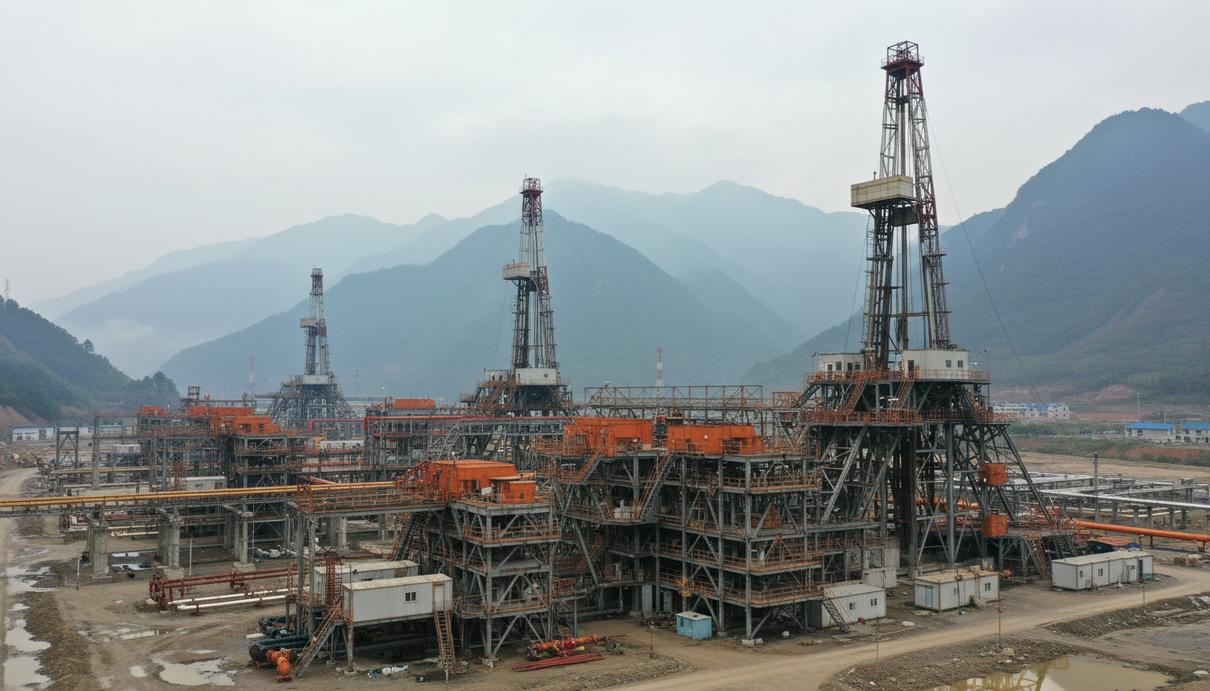 Буровая установка на газовом месторождении на фоне горного ландшафта в провинции Сычуань