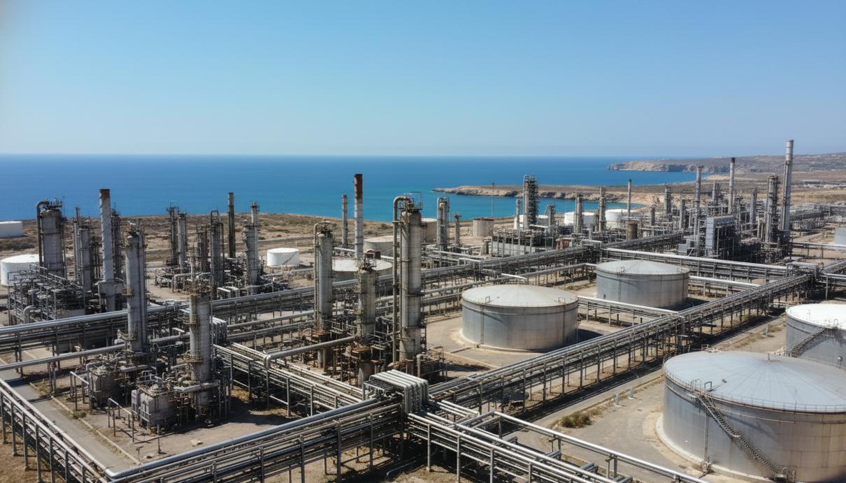 Панорама промышленного нефтеперерабатывающего комплекса на побережье с металлическими резервуарами