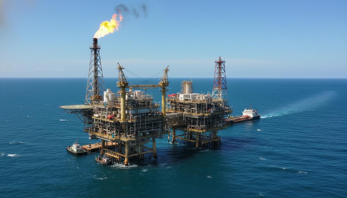 Газовая морская платформа в открытом море с металлическими конструкциями и факельной установкой.