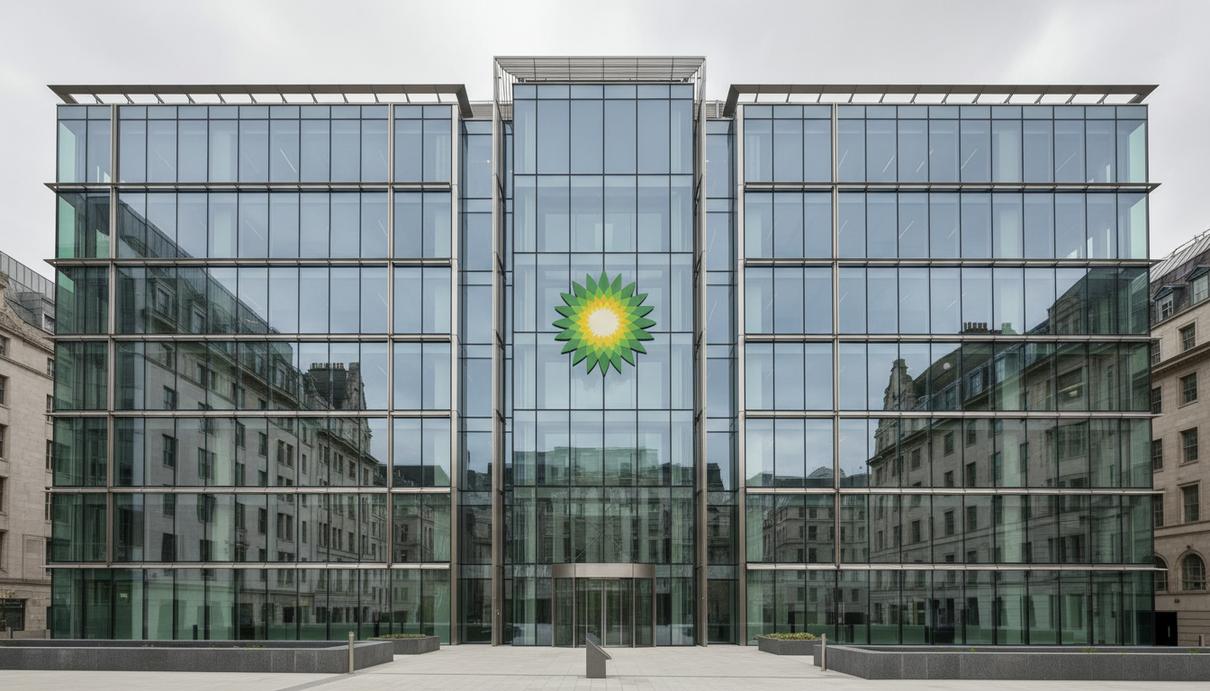 Стеклянный фасад штаб-квартиры корпорации BP в Лондоне с логотипом компании на стене здания