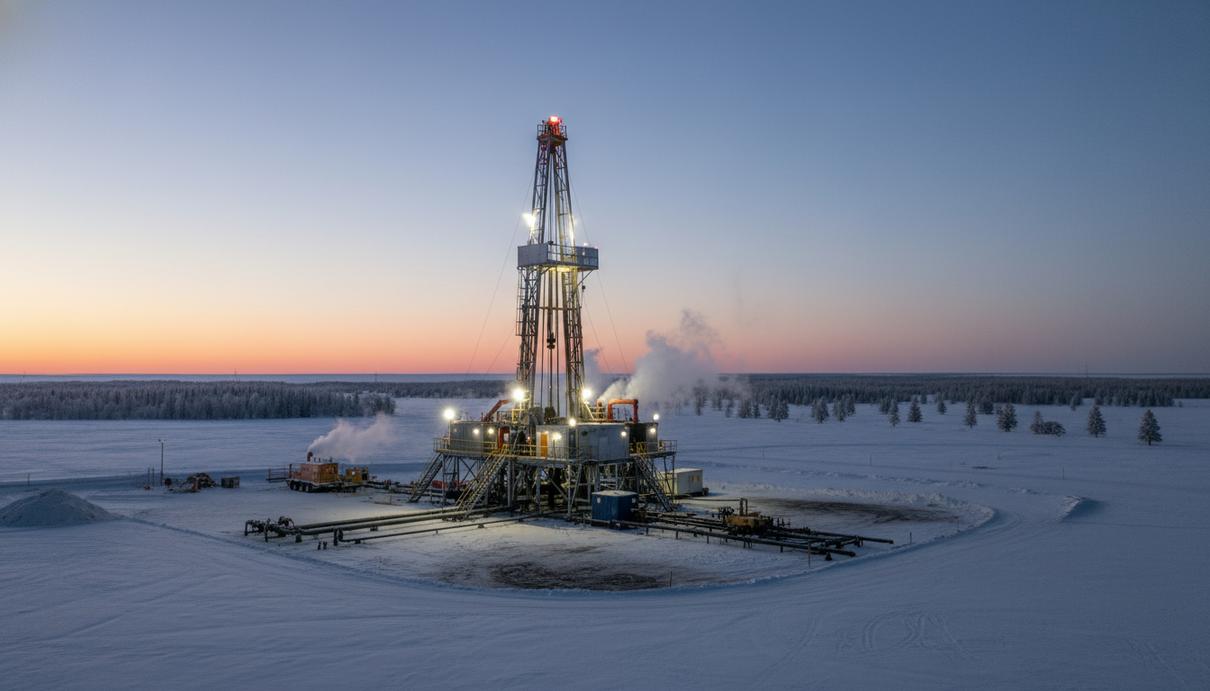 Буровая установка на нефтяном месторождении в заснеженной равнине провинции Альберта в Канаде