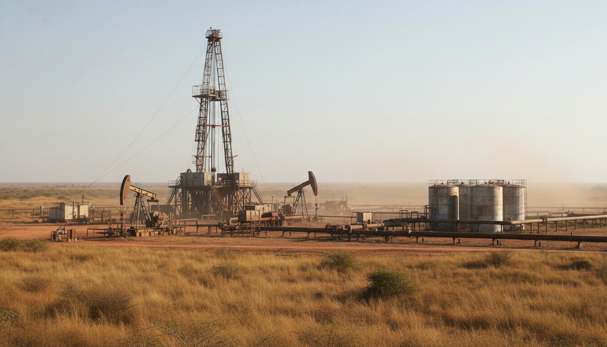 Буровая установка и трубопроводы на нефтяном месторождении в саванне Анголы