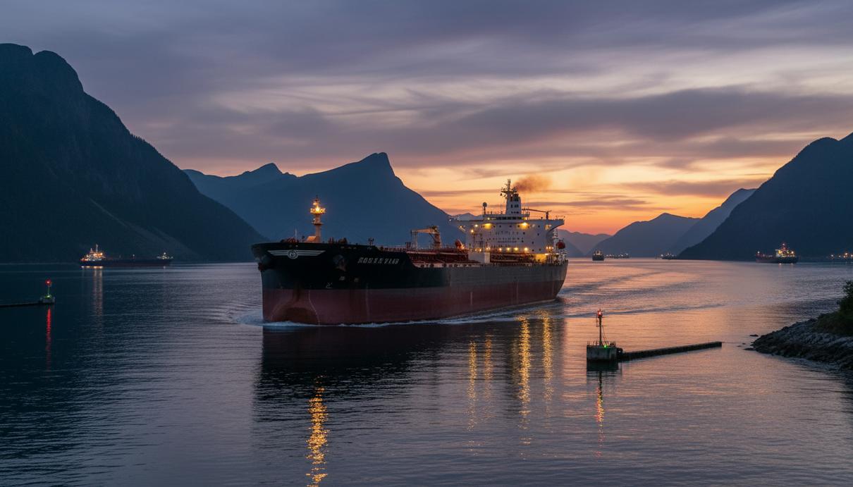 Цены на нефть превысили 93 доллара из-за обострения на Ближнем Востоке Нефтяной танкер идет по морскому проливу на фоне гор во время заката