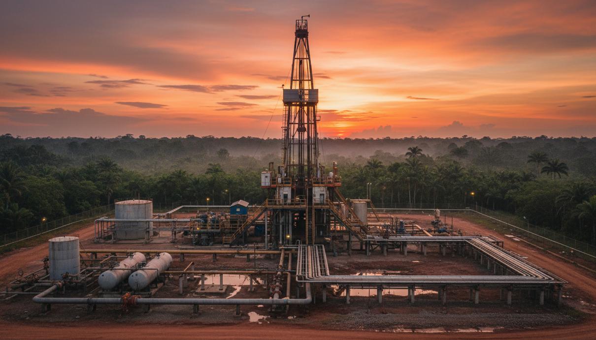 Parex стала крупнейшим независимым производителем нефти в Колумбии Нефтяная вышка и промышленные резервуары на фоне тропической зелени в Колумбии на закате