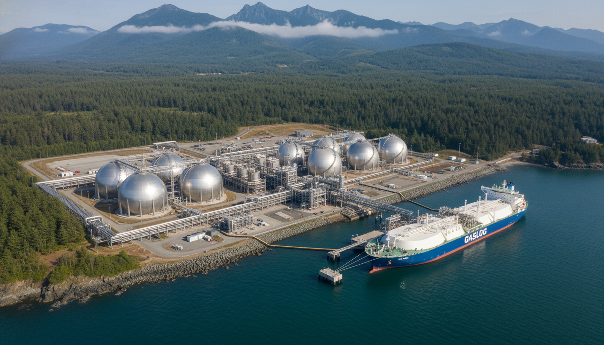 LNG Canada начинает подготовку к расширению СПГ-терминала в Китимате Промышленный комплекс СПГ-терминала с резервуарами и пришвартованным танкером у побережья на фоне гор и леса